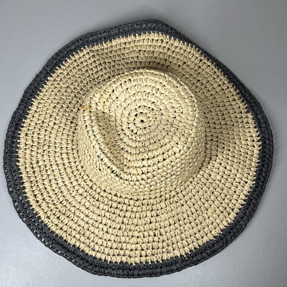 J Crew Packable Straw Sun Summer Hat Beige with Black Trim Floppy Wide Brim OS